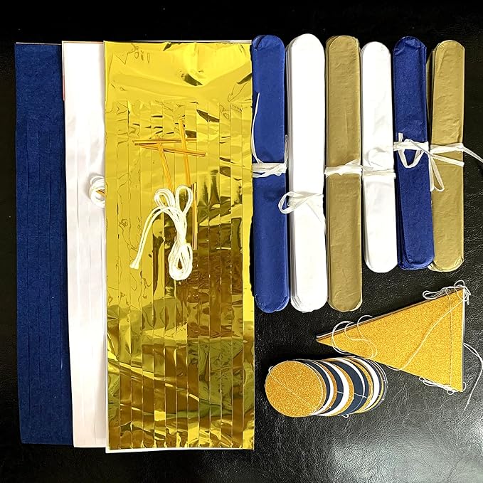 Navy Blue White Gold Party Decoration 23pcs Kits-Paper Flowers, Banner Flags - Image 8
