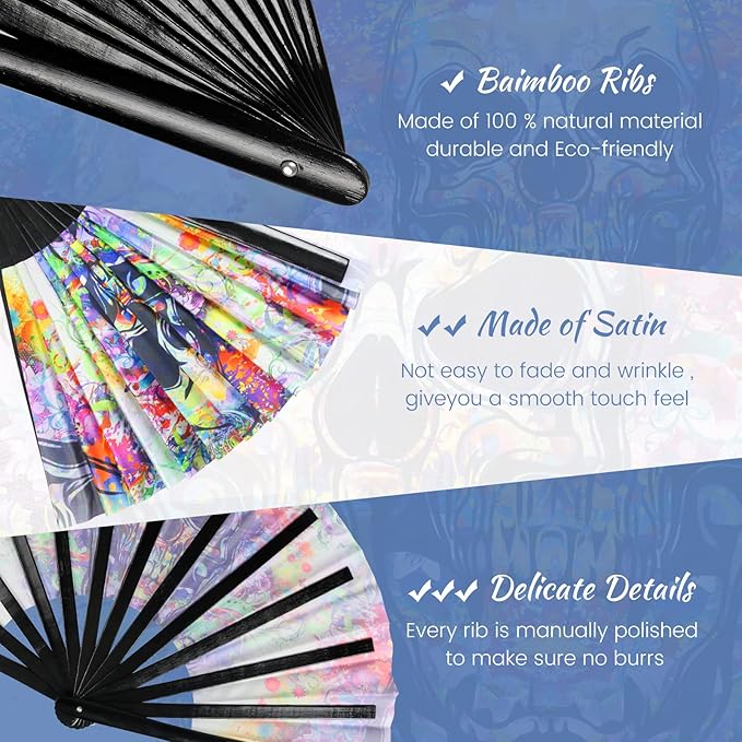 SYNTECSO Folding Hand Fan for Rave, UV Glow Fan, Large Bamboo Fan for Drag Queen - Image 3