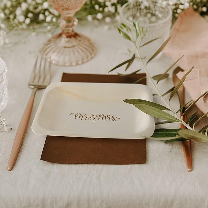 Mr. and Mrs. Disposable Wedding Plates – Rustic, Compostable Alternative to - Image 2