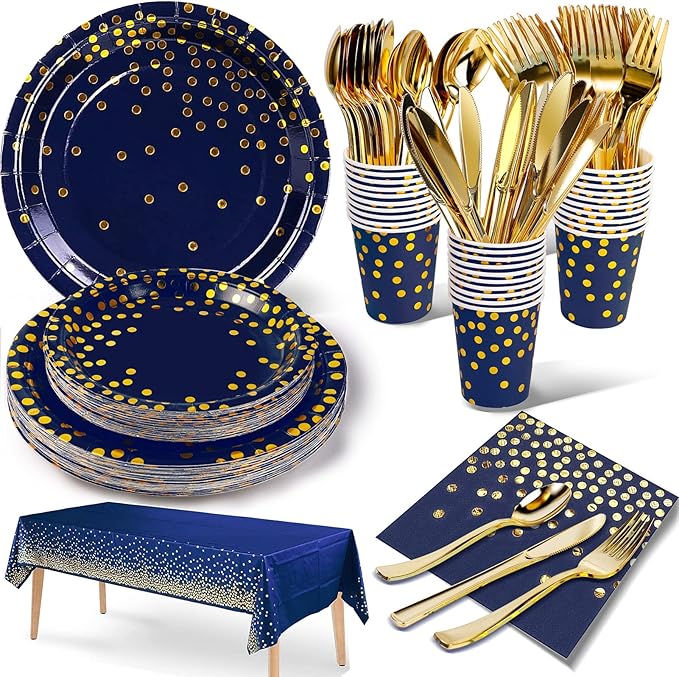 141 Pieces Navy Blue Gold Party Supplies, Party Dinnerware Sets Include Paper by Nkaiso