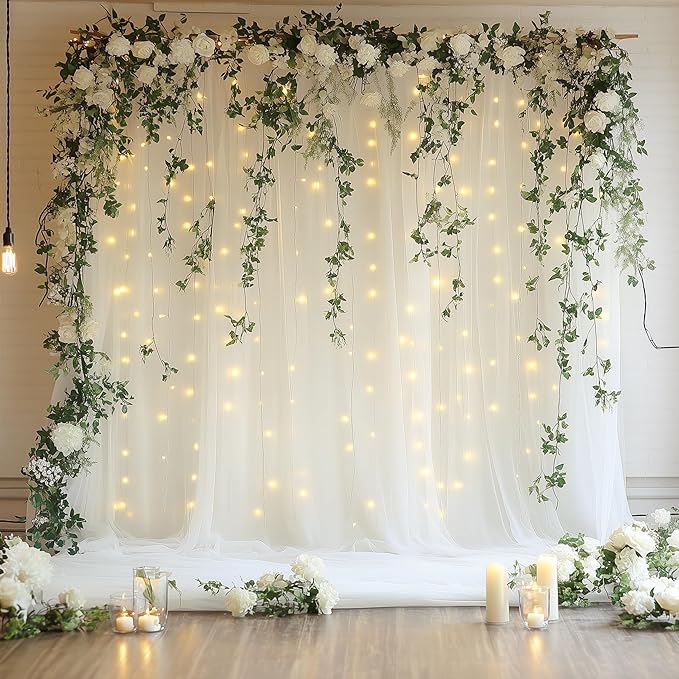 Tulle Backdrop Curtain with Lights String 10FT X 8FT Ivory Sheer Tulle Backdrop by Xiomot