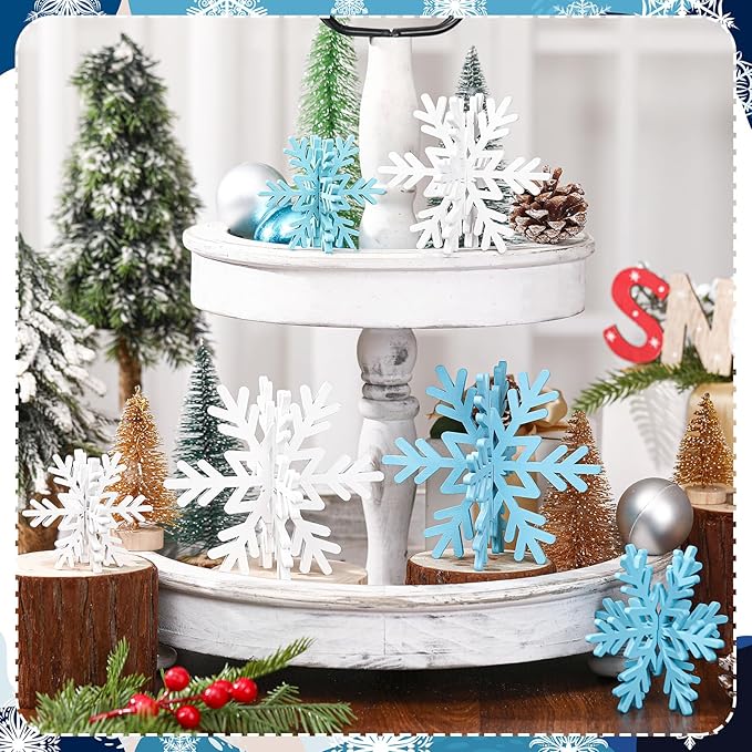 Bucherry 12 Pcs Wooden Snowflake Table Decor 3D Snowflake Tabletop Signs and - Image 3