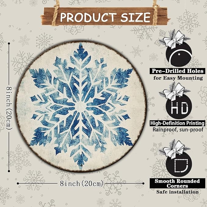 Round Christmas Metal Tin Sign Vintage Snowflake Signs Winter Christmas Sign - Image 2