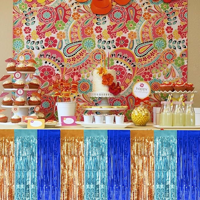 BEISHIDA 2 Pack Orange Blue Light Blue Table Skirts Party Decorations Metallic - Image 5