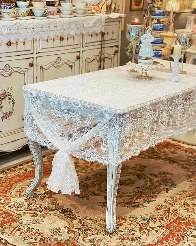 LuoluoHouse Rustic Ivory Wedding Tablecloths Lace Chic Rectangular Tablecloths - Image 4