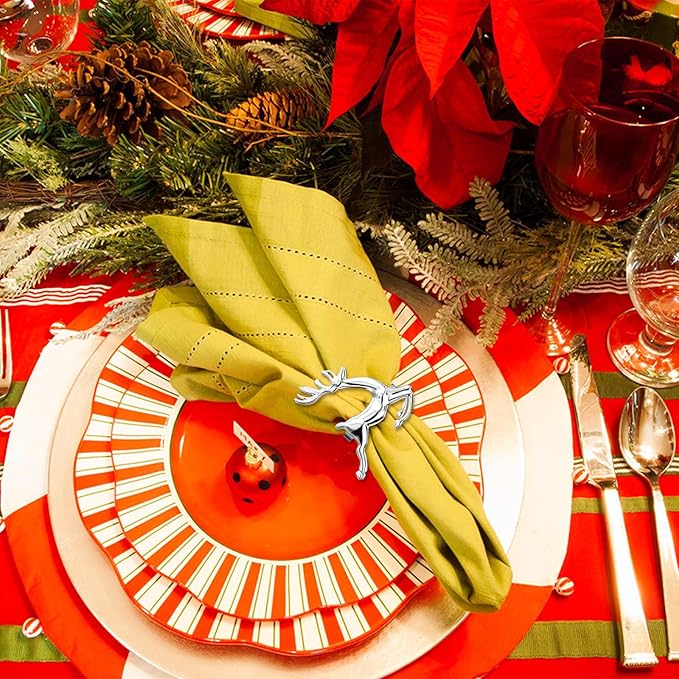 ZeeDix Silver Reindeer Christmas Napkin Rings Set of 12, Napkin Holder Ring - Image 6