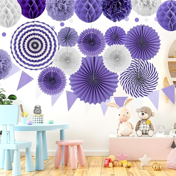 Purple Party Decorations, Pom Poms Flowers Packs - Image 5