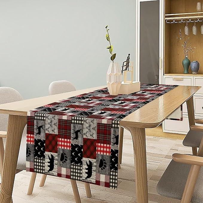Rustic Farm Table Runner, Vintage Woodland Deer Bear Animal Buffalo Plaid Print - Image 5