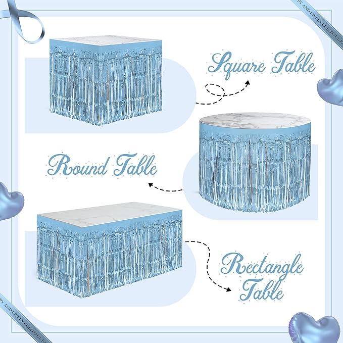 4 Pack Light Blue Table Skirts, 29x108" Metallic Foil Tinsel Fringe Table Skirts - Image 4