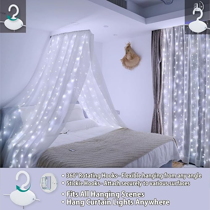 HXWEIYE 300LED Fairy Curtain Lights, 9.8x9.8Ft USB Plug-in 8 Modes Christmas - Image 3