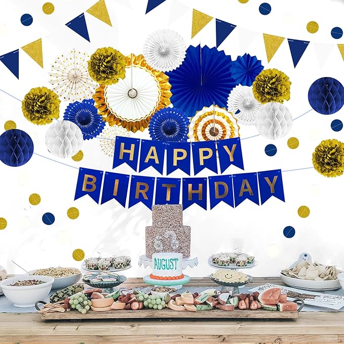 Navy Blue and Gold Happy Birthday Party Decoration 24Pcs Hanging Paper Fans - Image 8