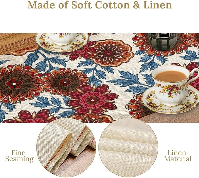 Mandala Flower Table Runner, Vintage Oriental Exotic Native Red Floral Blue - Image 5