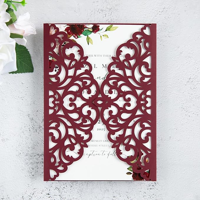 20Pcs Burgundy Laser Cut Invitation Cards - Image 2