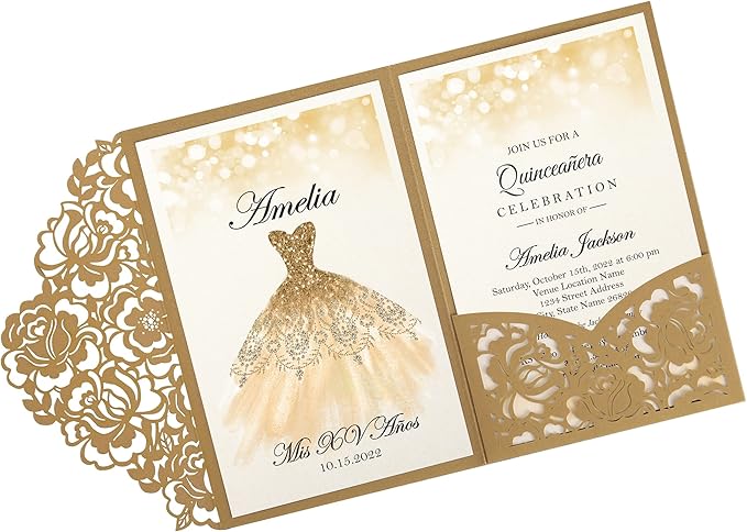 DORIS HOME 50pcs Laser Cut Quinceanera Invitations Gold, 4.7x7.1 Personalized by DorisHome