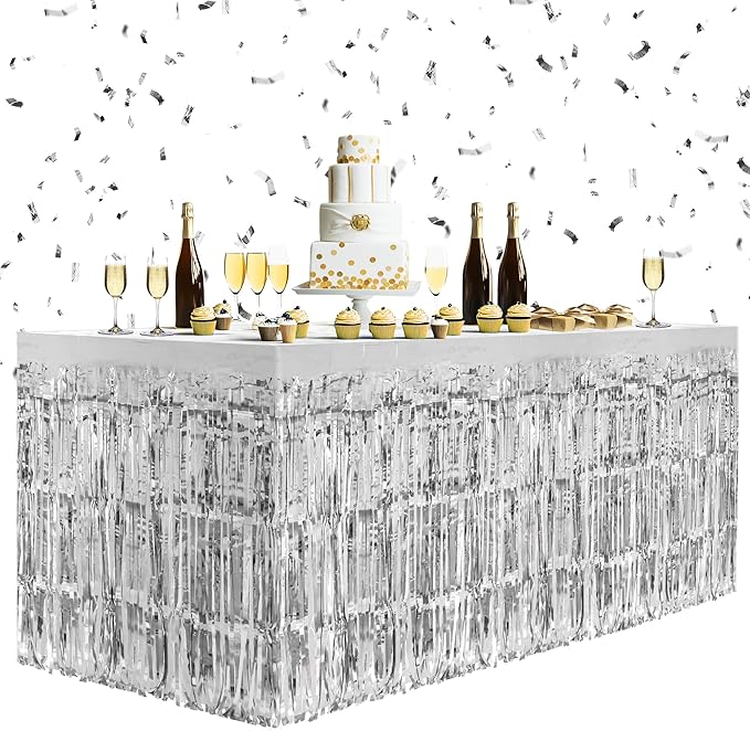 2 Pack Silver Table Skirts, 29x108" Metallic Foil Tinsel Fringe Table Skirts by Unknown