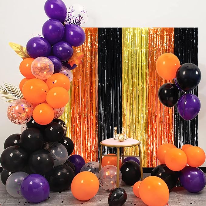 2 Pack Black Gold Orange Foil Fringe Backdrop Curtains, Tinsel Streamers Party - Image 7