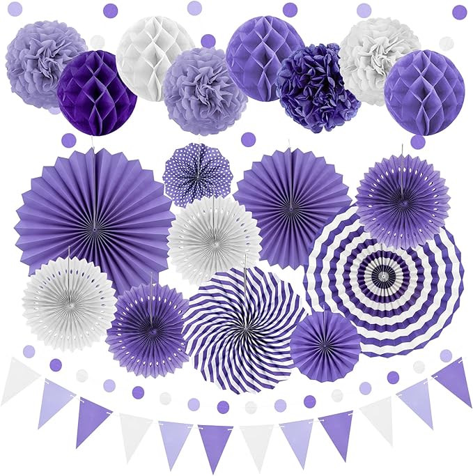 Purple Party Decorations, Pom Poms Flowers Packs by Marwey