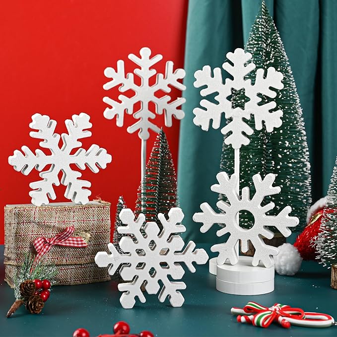 5 Pcs Wooden Christmas Snowflake Sign Winter White Glitter Snowflake - Image 3