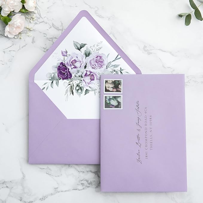 PONATIA 50PCS A7 Euro Flap Envelopes, 5.25 x 7.25'' Lilac Flowers Liner - Image 5