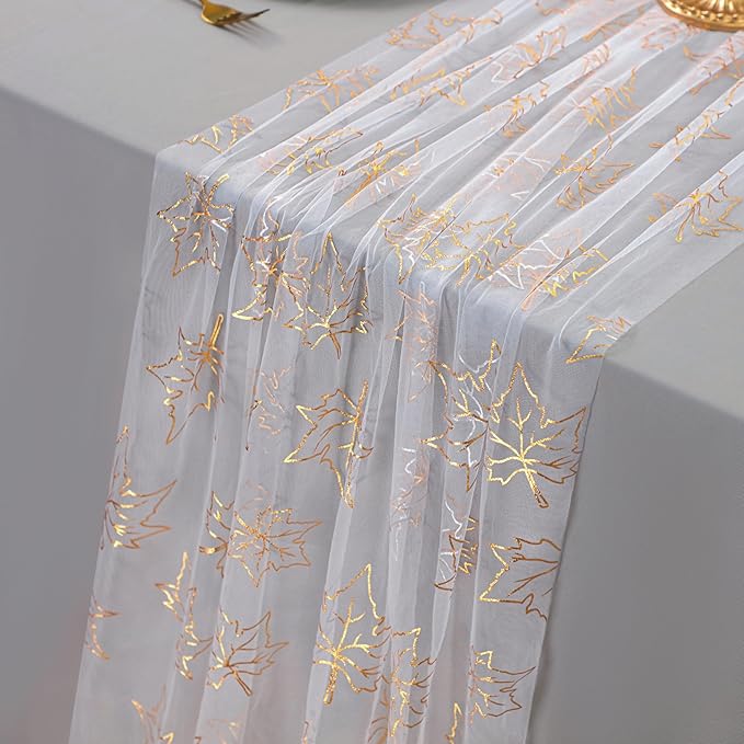 Snowkingdom Fall Table Runner, 10ft Gold Maple Leaves Gauze Chiffon Table by Snowkingdom