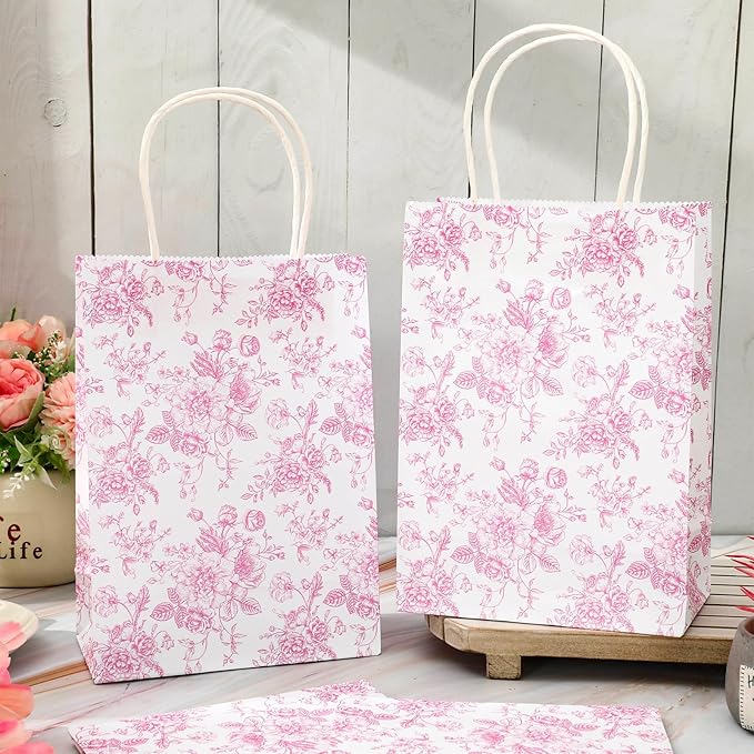 JarThenaAMCS 52Pcs Pink Floral Paper Gift Bag Vintage Wildflower Treat Bags - Image 4