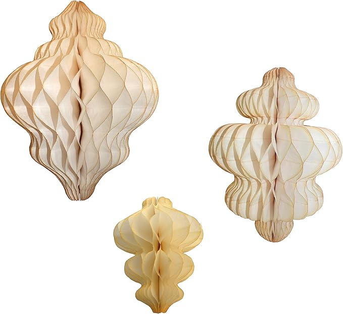 Set of 3 Vintage Ivory Honeycomb Tissue Paper Hanging Ornament Decorations by DevraParty