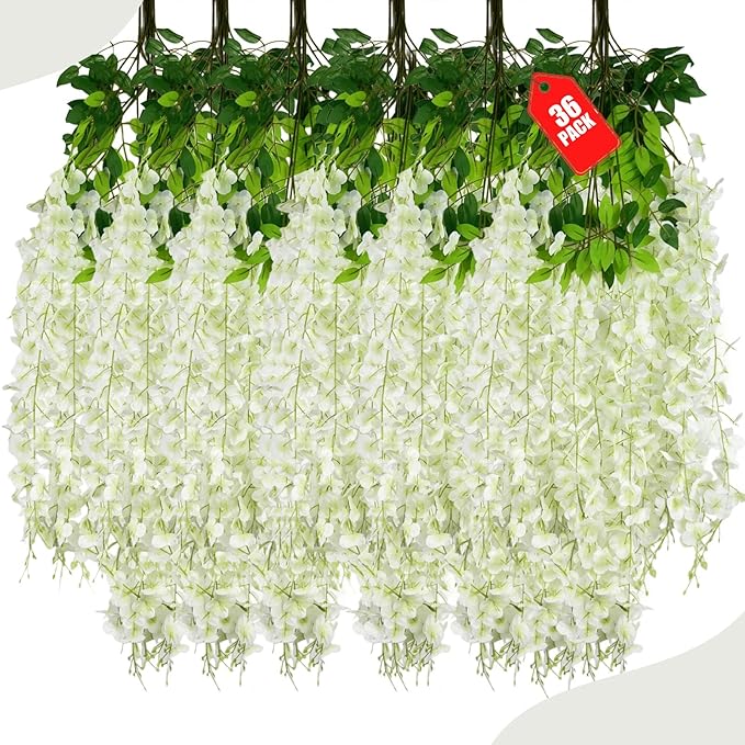 36 Pack Green White Wisteria Hanging Flowers, 3.44 Ft Fake Hanging Flowers by ZEBMOON