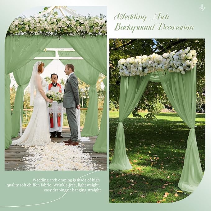 Wedding Arch Drapes, 4 Panels 28" x 20ft Sage Green Sheer Chiffon Curtains - Image 6