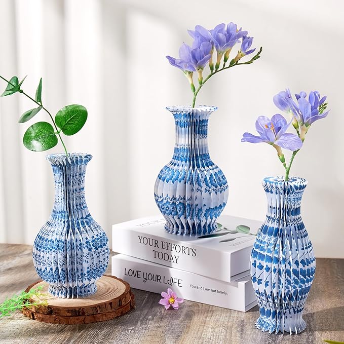 3 Pcs Blue and White Paper Honeycomb Vase, Foldable Decorative Vase by Homarakble
