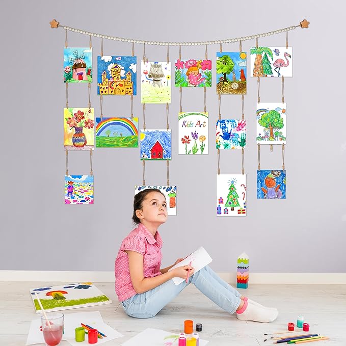 KOLLIEE Kids Artwork Display Art Wall Decor 4.93ft Boho Wooden Beaded Garland - Image 2