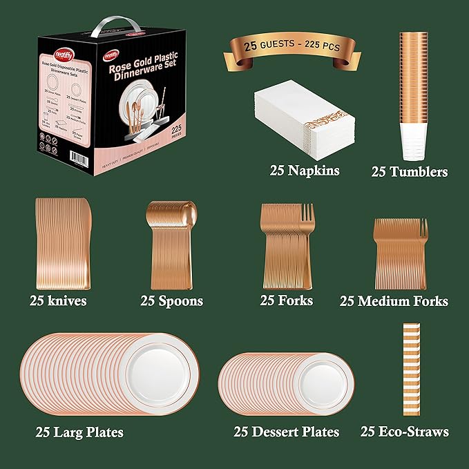 Neatiffy 225 Pcs Rose Gold Rim Plastic Dinnerware Set | 25 x | - Image 6