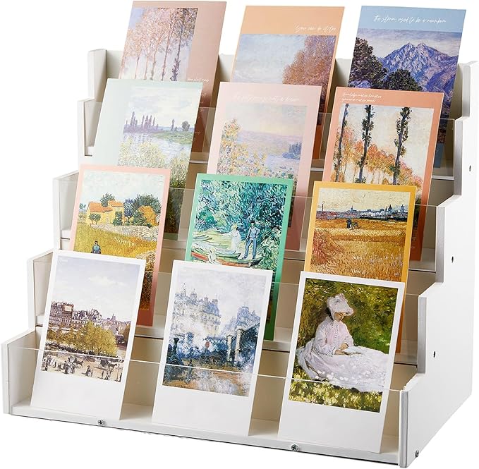4 Tier Greeting Card Display Stand White Bamboo and Acrylic Sticker Display by Yuntau