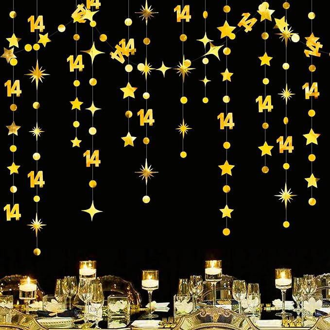 Gold 14th Birthday Decorations Number 14 Circle Dot Star Garland Metallic by pinkblume