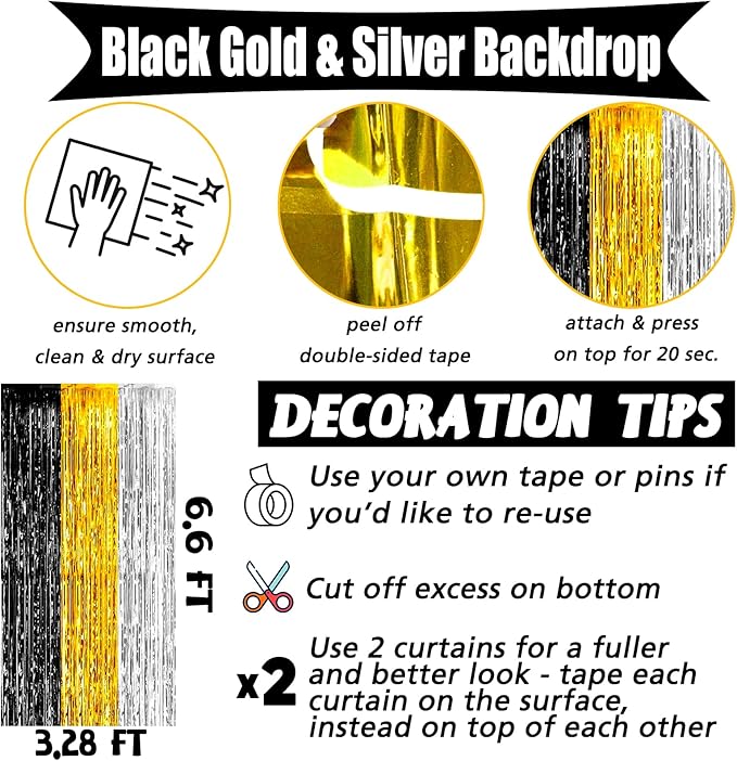 4 Pack 3.2Ft x 6.6Ft Black Gold Silver Fringe Curtain Backdrop, Metallic Tinsel - Image 2