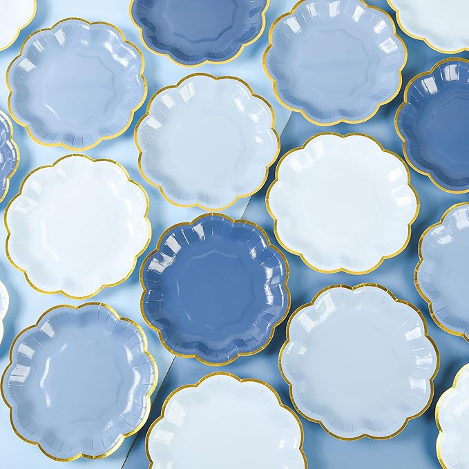 Dusty Blue Party Plates Gradient Blue Dessert Paper Plates 7inch Gold Foil - Image 4