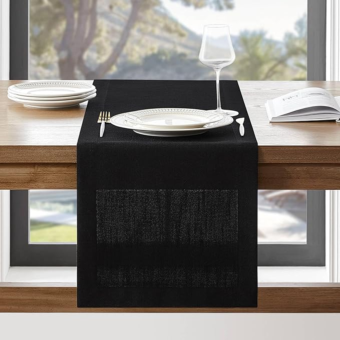 ZeeMart Linen Textured Border Table Runner, 14 x 36 Inch Black, Farmhouse Style by ZEEMARTONLINE
