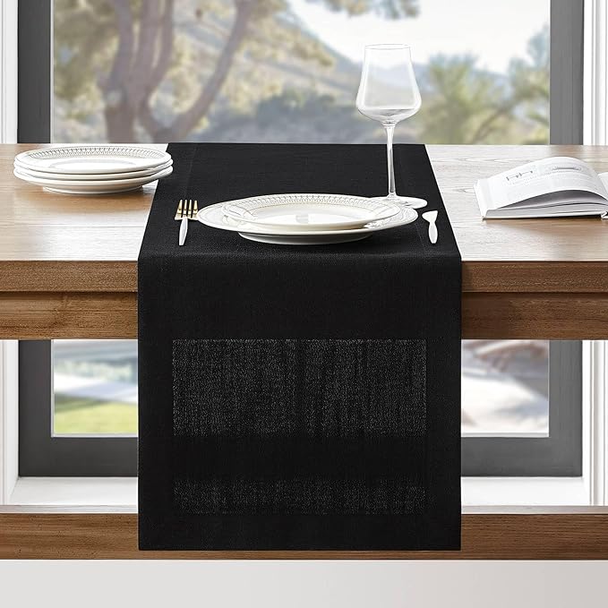 ZeeMart Linen Textured Border Table Runner, 14 x 48 Inch Black, Farmhouse Style by ZEEMARTONLINE