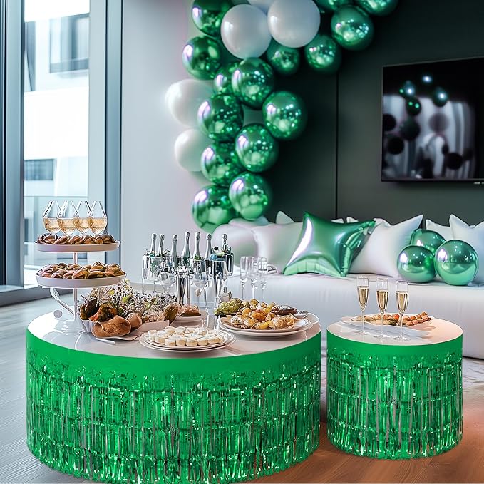 2 Pack Green Table Skirts, 29x108" Metallic Foil Tinsel Fringe Table Skirts - Image 9