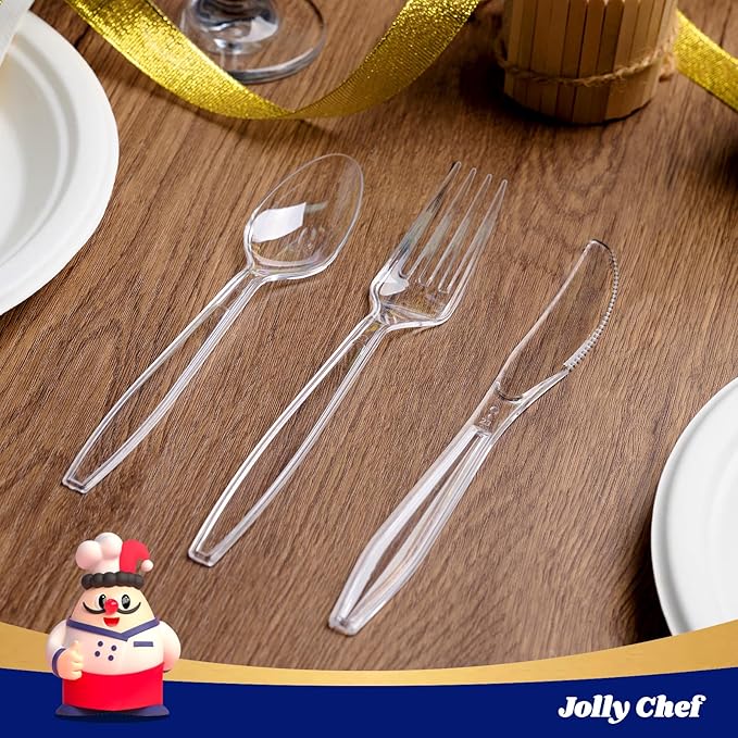 JOLLY CHEF 360 Count Heavy Duty Clear Plastic Silverware-180 Forks, 120 Spoons - Image 4