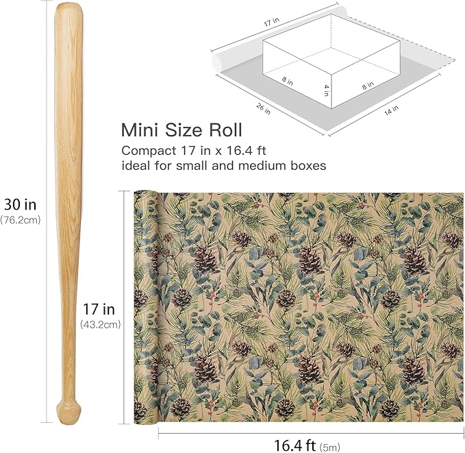 RUSPEPA Kraft Christmas Wrapping Paper Roll, Mini Roll, Watercolor Pinecone and - Image 7