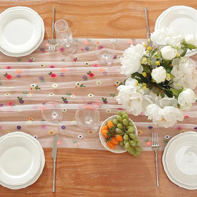 White Embroidery Daisy Fall Table Runner 120Inch 10FT Florals Soft Sheer Tulle - Image 2