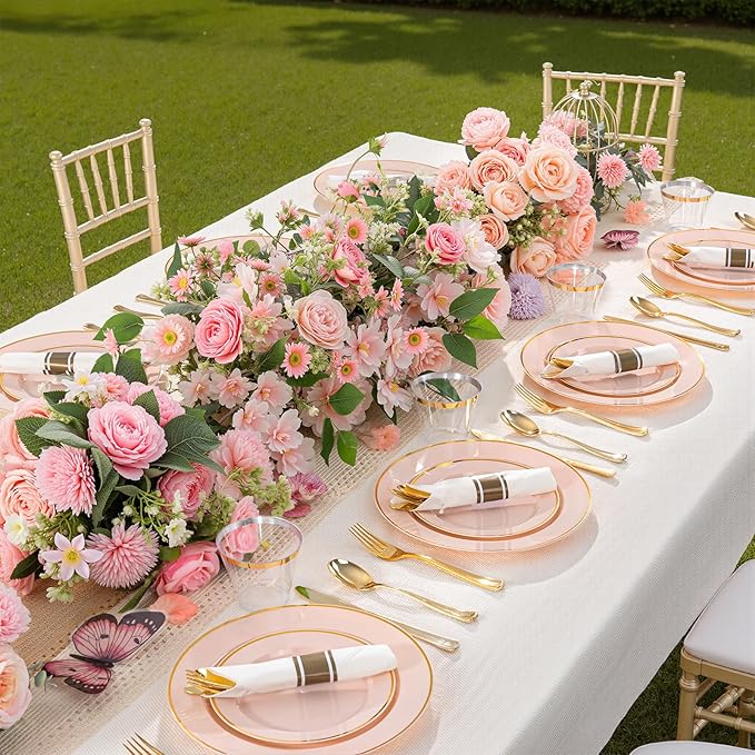 SUT 175 Pcs Pink and Gold Plastic Dinnerware Set - Image 5
