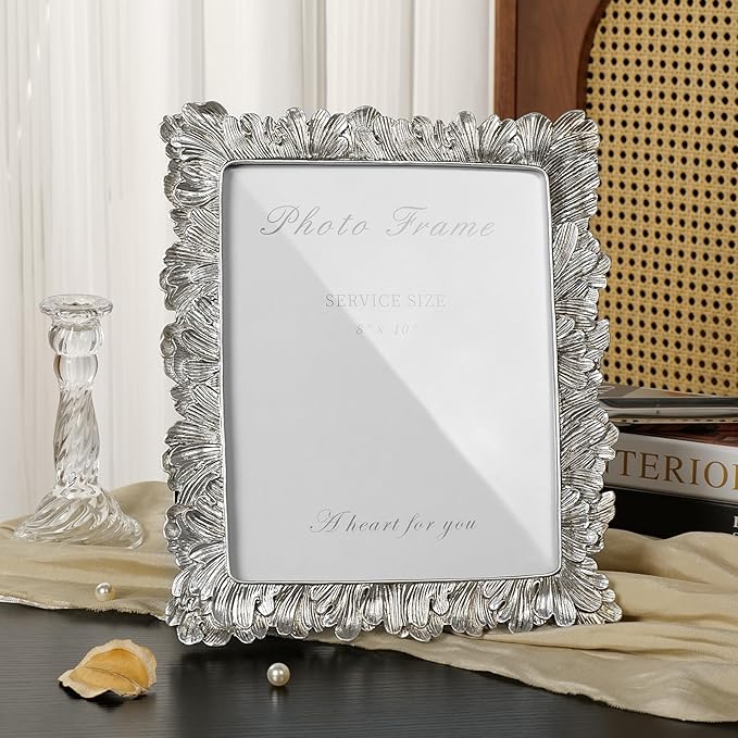 Cuspin 8x10 Picture Frame Silver, Vintage Silver Palm Leaves Textured - Image 3