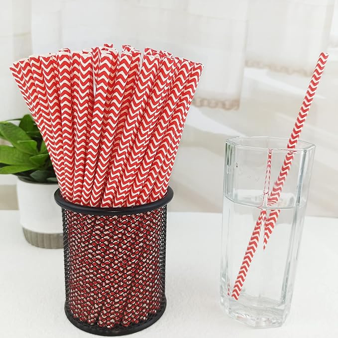 YAOSHENG Premium Disposable Waves Striped Drinking Paper Straws, Pack 100 Red - Image 2