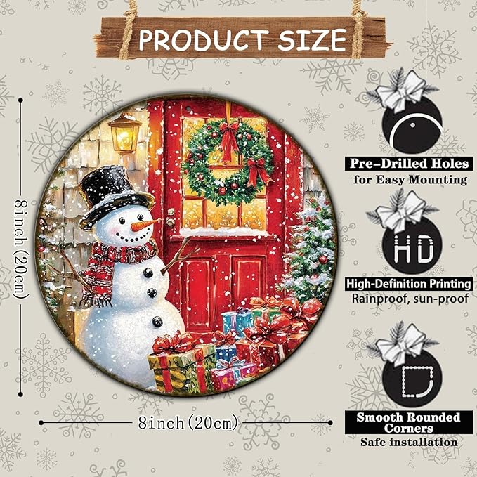 Round Wall Decor Christmas Metal Tin Sign Snowman Sign Rustic Wall Decor Wall - Image 2