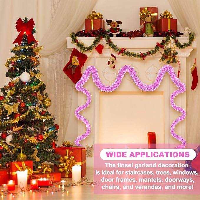 50 Feet Macaron Pink Christmas Tinsel Garland, Metallic Foil Twist Banner Wall - Image 3