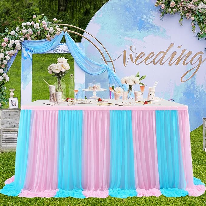 9ft Pink and Blue Gender Reveal Table Skirt - Image 2