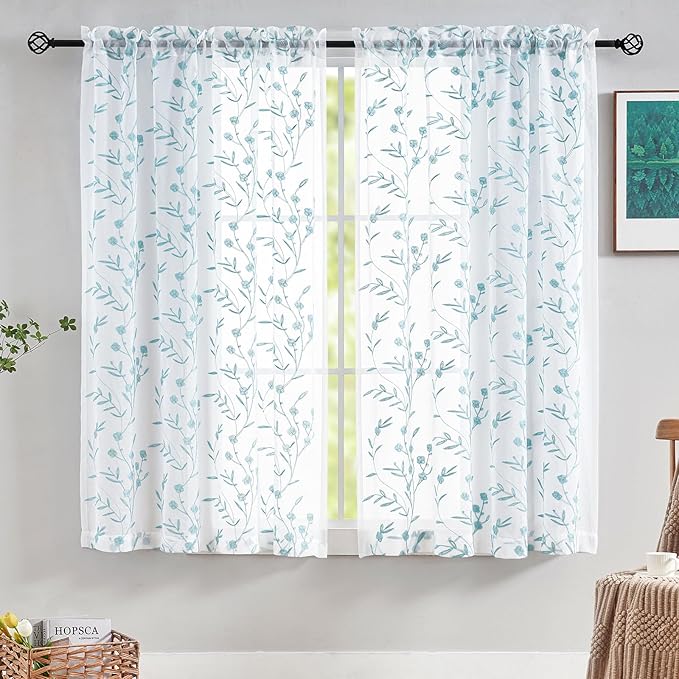 Sheer Curtains White-Blue Embroidery 63 Inch Length Rod Pocket Voile Drapes - Image 4
