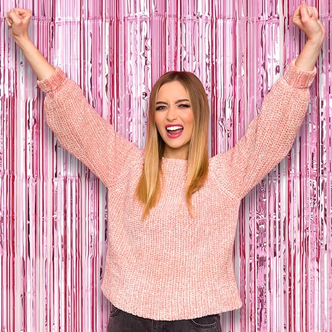 2 Pack Light Pink Foil Fringe Backdrop Curtains, Tinsel Streamers Birthday - Image 7
