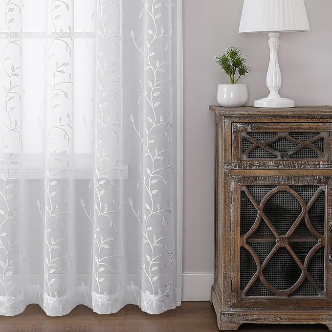 VISIONTEX White Sheer Voile Curtains, Decorative Leaves Embroidery Faux Linen - Image 6
